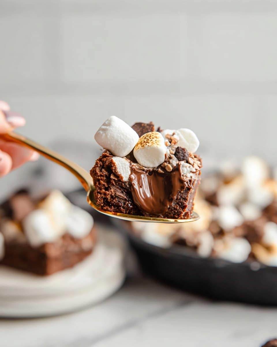 A close-up of a golden spoon held by a woman's hand holding a piece of gooey chocolate dessert with a soft, dense texture and light brown color. The dessert piece shows melted dark chocolate inside and is topped with small, white toasted marshmallows and bits of melted chocolate, creating a mix of smooth and fluffy textures on the dessert surface. In the blurred background, a white marbled surface and a white plate with a larger portion of the same dessert can be seen along with a black pan filled with more dessert topped with marshmallows. Photo taken with an iphone --ar 4:5 --v 7