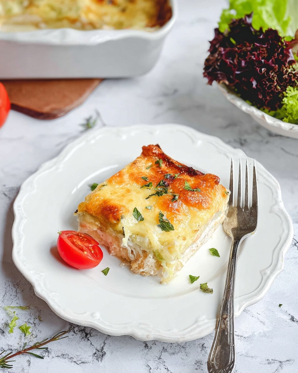 A square piece of baked dish with three visible layers sits in the center of a white plate with a scalloped edge; the top layer is golden brown and melted cheese with small green herb leaves scattered on top, the middle layer is creamy white, and the bottom layer is light and soft with a slightly translucent texture. To the left of the dish, a small bright red cherry tomato half and a tiny green sprig rest on the plate. A silver fork lies on the right side of the plate, slightly under the dish. In the background, part of a white baking dish with more of the same layered food is visible on a white marbled surface, along with a white scalloped bowl holding fresh green and dark purple lettuce leaves. photo taken with an iphone --ar 4:5 --v 7