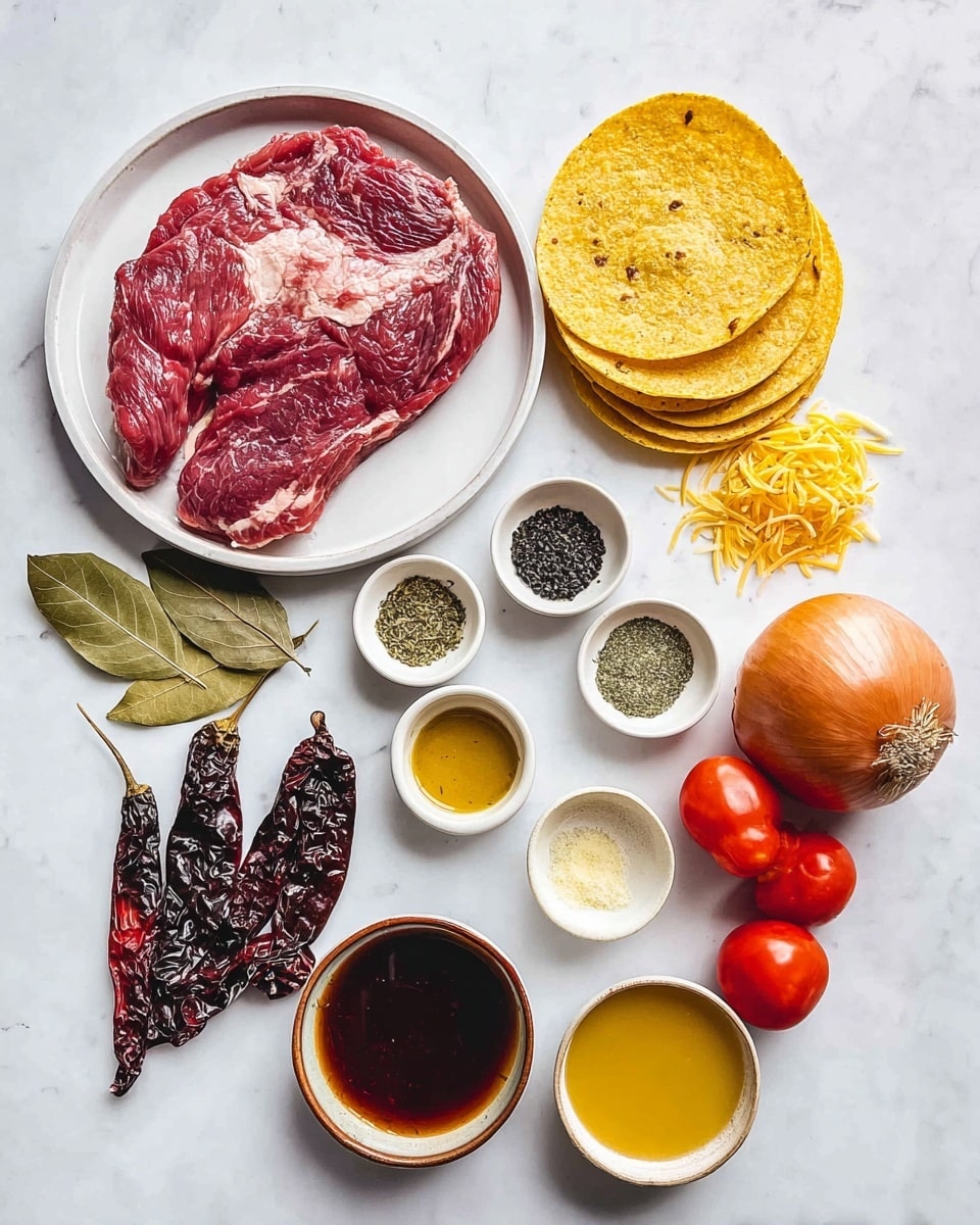 The image shows a flat layout of ingredients on a white marbled surface, arranged neatly in small white bowls and directly on the surface. At the center-left, a white plate holds a large piece of raw red meat with visible white marbling. Nearby, three yellow corn tortillas are stacked with slight oil spots visible on top. Around these, there are dried dark red and black chilies grouped separately. Small white bowls contain green dried herbs, black pepper, white salt, cloves, light golden oil, a dark red sauce, and a smooth yellow sauce or broth. Fresh vegetables include a whole orange onion near a bowl of yellow shredded cheese and three red tomatoes clustered together next to two bay leaves. The setup is bright and clean, giving a clear view of all elements. Photo taken with an iphone --ar 4:5 --v 7