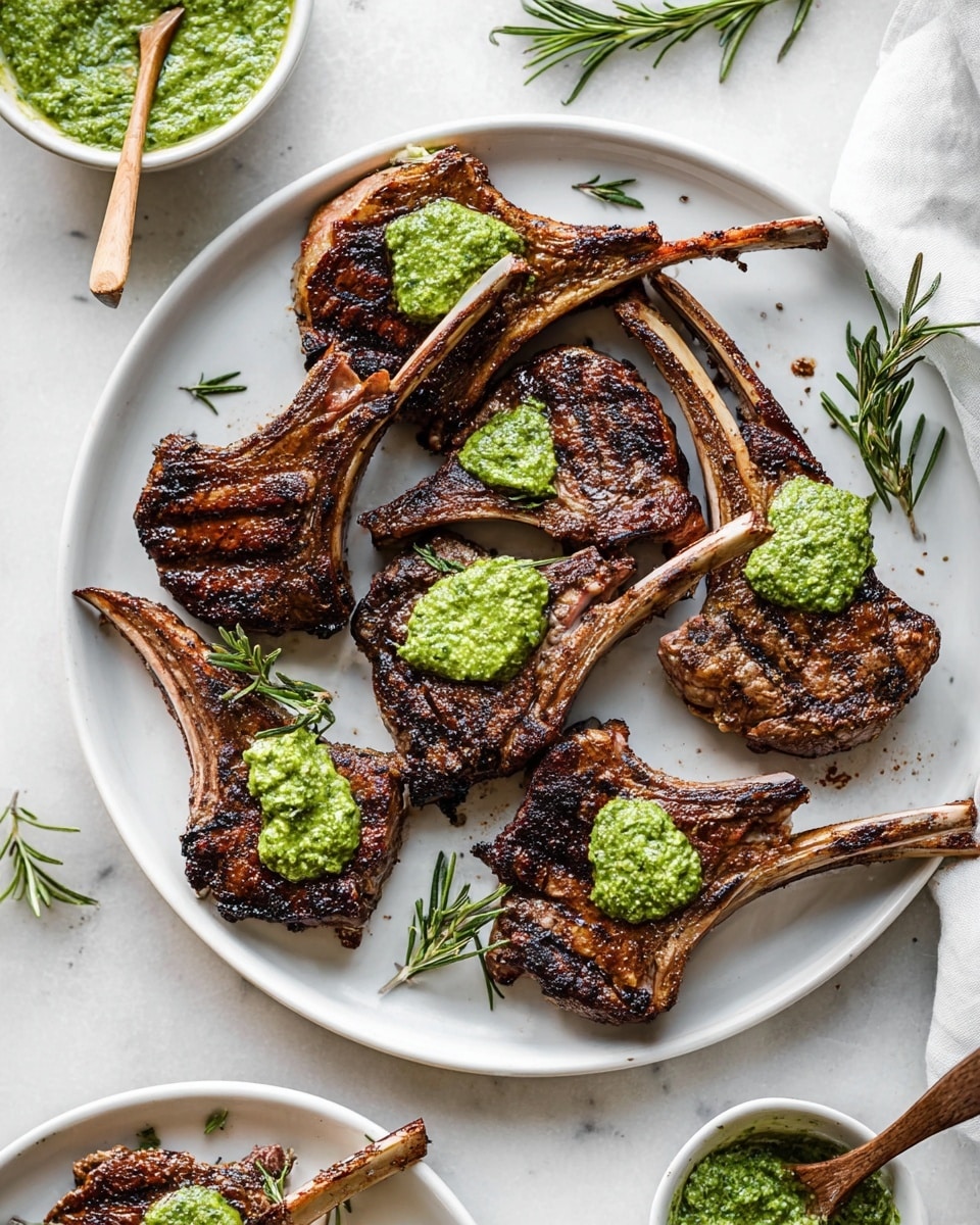 A white plate holds six grilled lamb chops, each showing a dark brown crust with char marks and seared textures. Some chops have a dollop of bright green pesto sauce with a chunky texture on top, and small green rosemary leaves are scattered over the meat and plate. Around the plate are sprigs of fresh rosemary and a small white bowl filled with more green pesto sauce and a wooden spoon inside. Another white plate in the lower corner has one lamb chop with pesto on it. The whole scene is set on a white marbled surface with soft natural light, creating a clean and fresh look. photo taken with an iphone --ar 4:5 --v 7