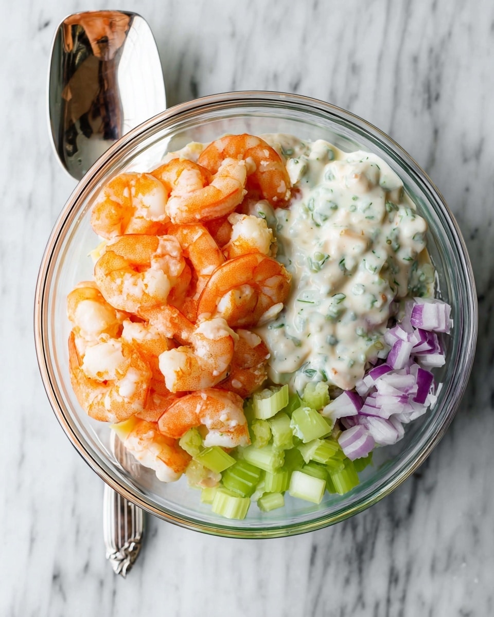 A clear glass bowl is filled with four main layers arranged side by side: bright orange shrimp with white tails, a creamy white sauce with green herb flecks covering some shrimp, finely chopped pale green celery, and small pieces of chopped purple onion. The bowl sits on a white marbled surface, with a large silver spoon resting behind it. The colors are fresh and vibrant, showing a mix of soft, smooth, and crunchy textures. photo taken with an iphone --ar 4:5 --v 7
