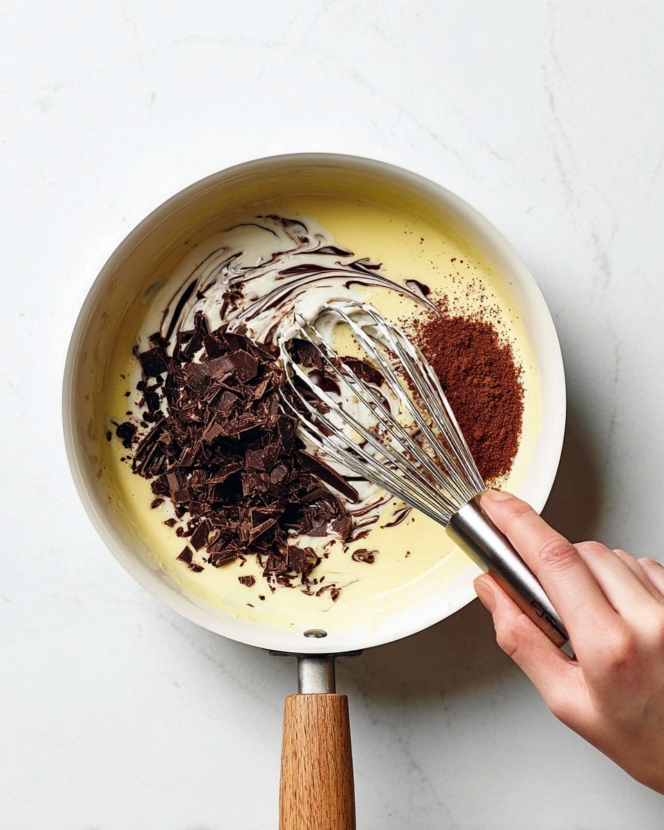 A white pan with a wooden handle sits on a white marbled surface, containing a mix of three layers: a light yellow creamy liquid forming the base, dark brown chocolate pieces clustered on the left side, and a small heap of reddish-brown powder on the right side near the bottom. A woman's hand is holding a silver whisk, stirring the mixture with swirls of white cream blending with the chocolate and powder. The scene is bright and clean, focusing on the texture of the melting chocolate and the creamy liquid. photo taken with an iphone --ar 4:5 --v 7