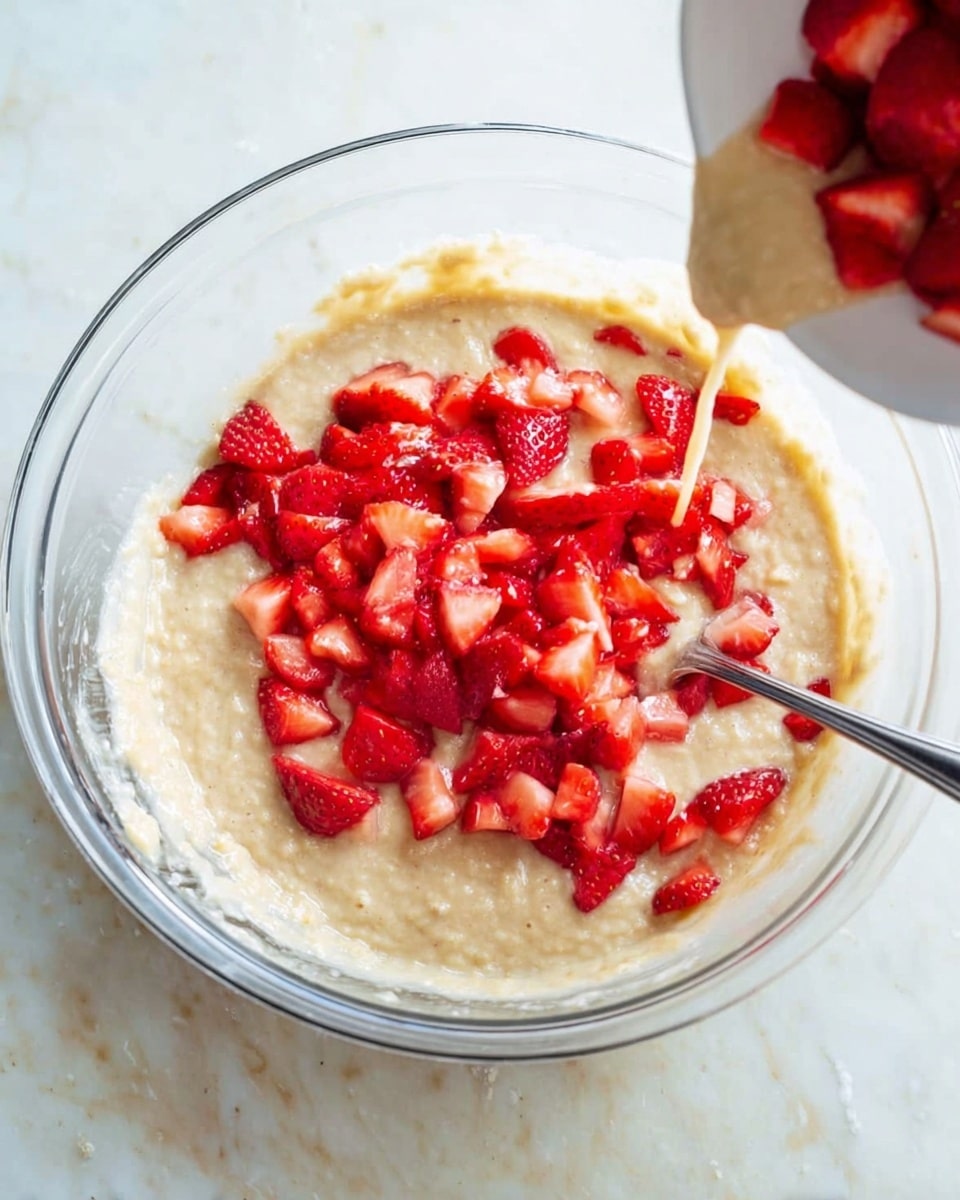 A clear glass bowl filled with thick beige batter placed on a white marbled surface, with a silver spoon resting inside the batter; bright red, chopped strawberry pieces are being poured from a white bowl into the batter, creating a colorful contrast between the red strawberries and the creamy batter. photo taken with an iphone --ar 4:5 --v 7