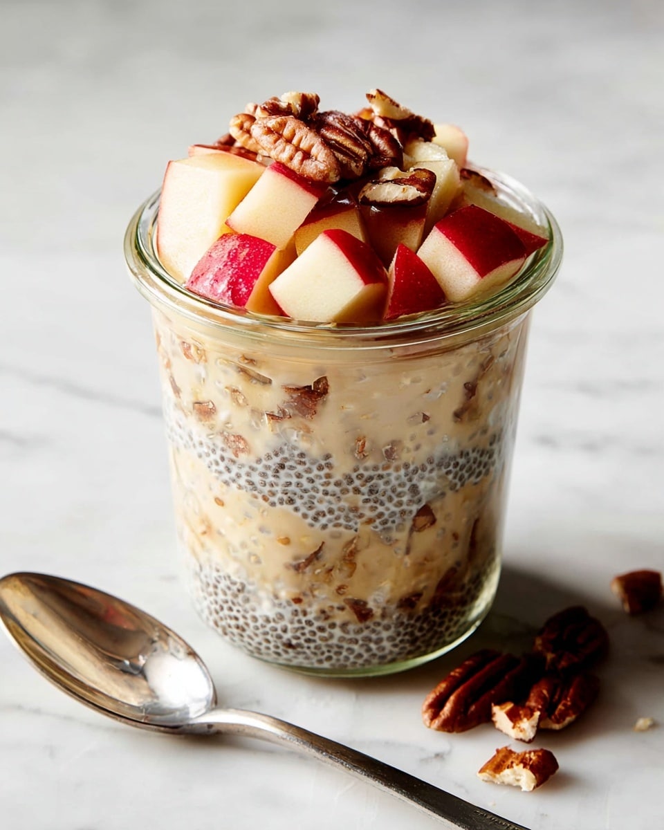 A clear glass jar filled with three main layers shows a creamy mix at the bottom with dark chia seeds spread evenly, followed by a soft, light brown layer of cooked fruit or oats, topped with small, chopped pieces of red apple with white inside and crunchy pecan nuts scattered on top and around the base, on a white marbled surface with a shiny silver spoon nearby. Photo taken with an iphone --ar 4:5 --v 7