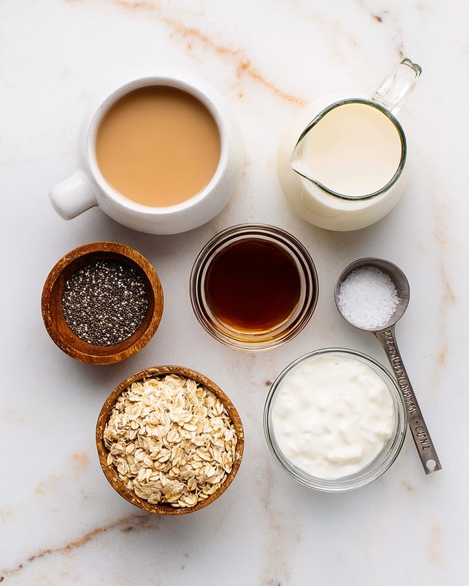 The image shows seven ingredients placed on a white marbled surface: a white ceramic bowl filled with light brown liquid near the top center, a white glass jug with creamy milk to the right, a small glass bowl with a dark brown liquid on the left, a wooden bowl filled with small black chia seeds below it, another wooden bowl with white salt beside it, a small clear glass bowl filled with thick white yogurt near the bottom right, and a metal measuring cup filled with light tan rolled oats in the middle. All items are spaced clearly apart, viewed from above. Photo taken with an iphone --ar 4:5 --v 7