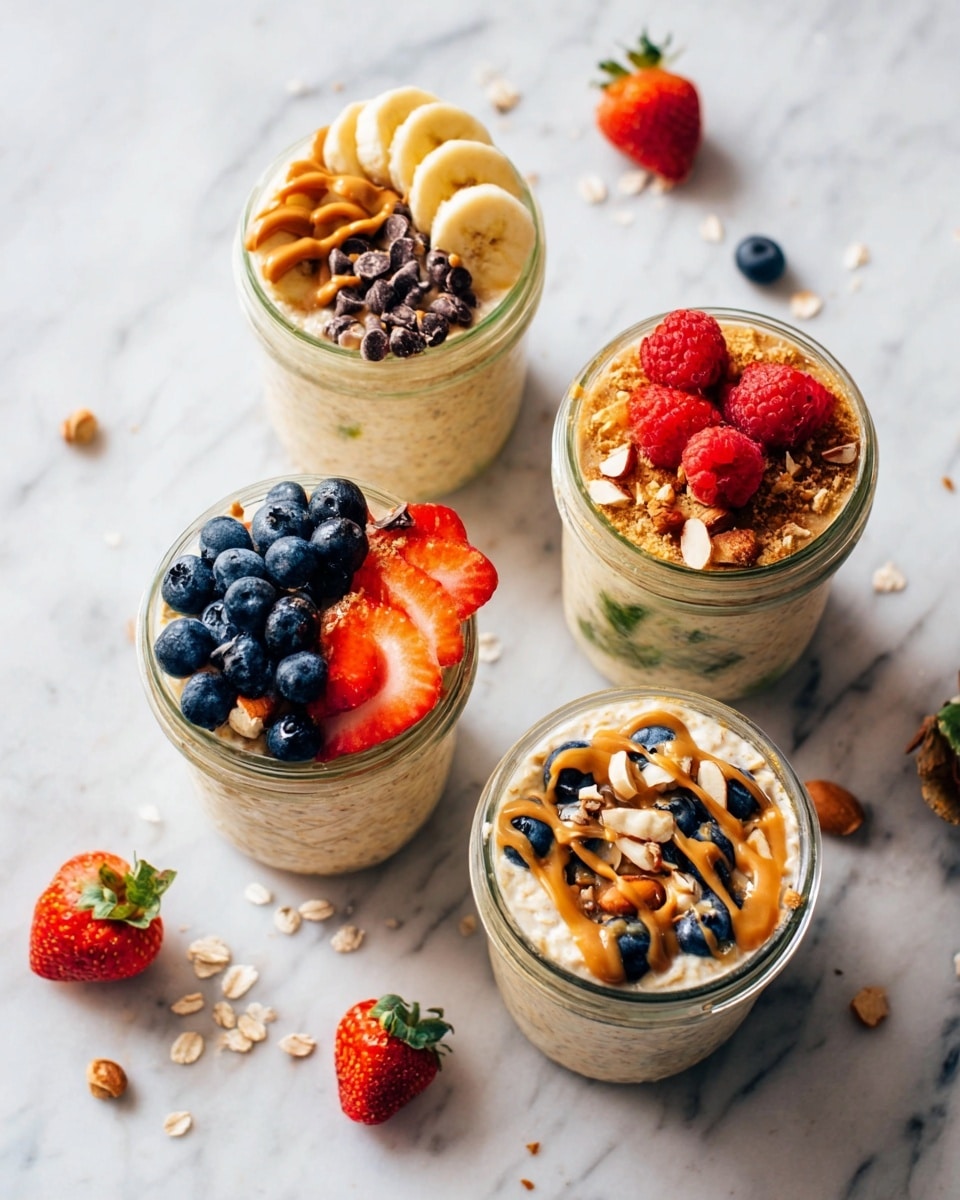 Four clear glass jars are filled with creamy beige oatmeal mixed with small grains. Each jar is topped with different colorful layers: the top left jar has thin banana slices, dark chocolate chips, and a drizzle of peanut butter; the bottom left jar shows large blueberries, two halves of bright red strawberries, some granola, and a couple of small brown cookies; the top right jar is crowned with fresh raspberries, blueberries, chopped almonds, and peanut butter drizzle; the bottom right jar features blueberries, chopped nuts, and peanut butter drizzled on top. The jars sit on a white marbled surface scattered with a few strawberries, blueberries, and nuts. Photo taken with an iphone --ar 4:5 --v 7