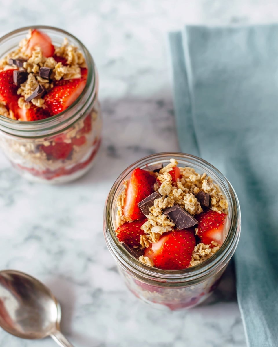 The image shows two glass jars filled with layered dessert placed on a white marbled surface. Each jar contains a bottom layer of sliced red strawberries, which look fresh and juicy. On top of the strawberries, there is a layer of crunchy light brown granola mixed with small dark chocolate chunks. The granola layer is uneven and textured, adding a contrast to the smooth strawberry slices beneath. A folded soft blue cloth and a silver spoon rest nearby. The photo taken with an iphone --ar 4:5 --v 7
