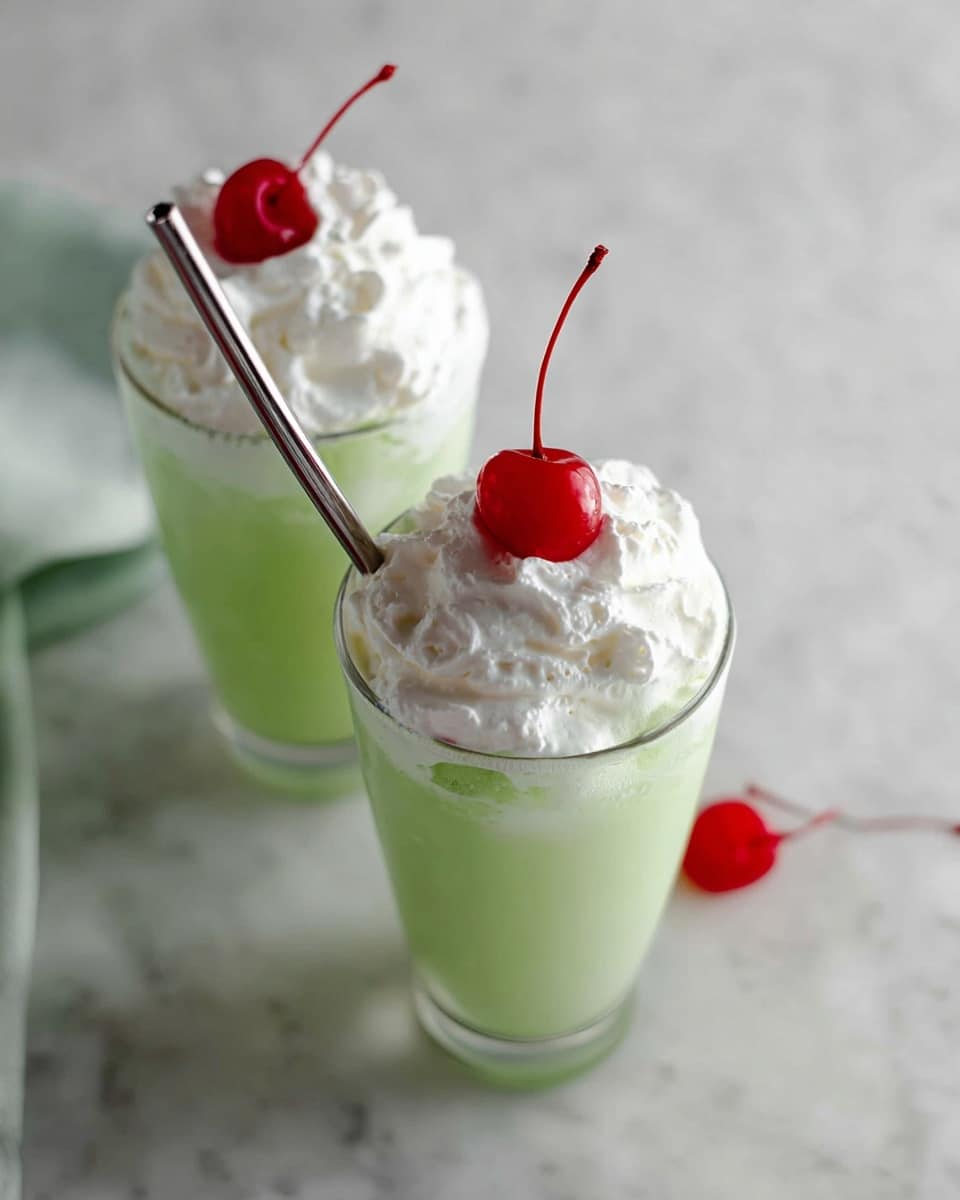 The image shows two glasses filled with a light green drink topped with a thick, white, fluffy layer of whipped cream. Each glass has a bright red cherry placed on top, sitting on the whipped cream. One glass features a metal straw inserted into the drink. The glasses are placed on a white marbled surface with some soft light and a slight shadow. Photo taken with an iphone --ar 4:5 --v 7