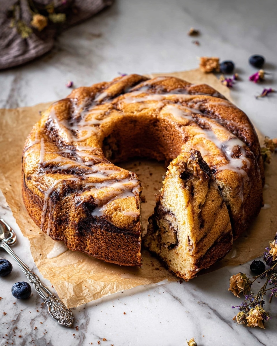 A round bundt cake with a hole in the center sits on parchment paper over a white marbled surface. The cake has a golden brown color with darker swirls of chocolate or cinnamon running through it, creating a marbled look. A shiny light glaze is drizzled unevenly across the top, adding a slight gloss. One slice is cut and pulled slightly away, showing a soft, moist interior with darker streaks matching the top swirls. Around the cake, there are a few scattered blueberries and dried flowers, and a vintage silver cake server lies nearby. Photo taken with an iphone --ar 4:5 --v 7
