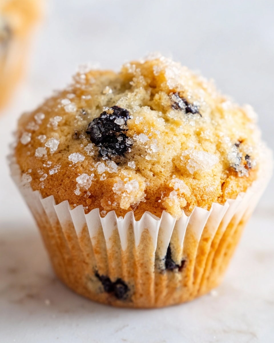 A muffin split in half sits on a white plate with a gold rim, each half showing a yellowish-brown crumb with dark raisin pieces inside. The top muffin half is plain, while the bottom half is spread with a creamy white layer and topped with a shiny, bright red jam layer. In the background, there is a glass jar filled with the same red jam and a white teacup with a pink tea bag on a white marbled surface. Photo taken with an iphone --ar 4:5 --v 7