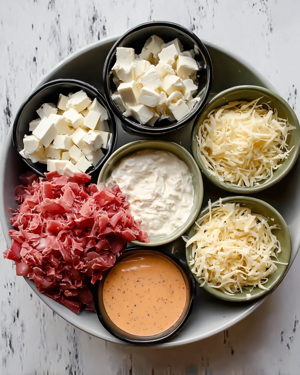 Six black and green bowls and one small gray bowl sit on a white marbled surface. The top left black bowl is filled with white cubes of feta cheese. To its right, another black bowl holds shredded pale yellow cheese. The middle green bowl contains a thick white creamy substance. Below, a black bowl is full of small red meat pieces. To the right, a black bowl has shredded pale yellow cheese with a slightly different texture. The small gray bowl to the far right holds a smooth, orange sauce. photo taken with an iphone --ar 4:5 --v 7