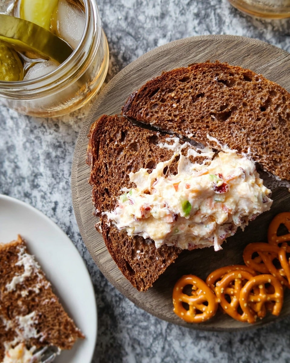 A large round wooden board filled with a white bowl at the center containing a creamy dip with visible small red pieces mixed in, surrounded by layers of toasted brown bread chunks stacked on the left side and orange snack crackers shaped like pretzels on the right side. To the left of the board is a glass jar of sliced pickles with a spoon inside it, and on the right, a white plate with some bread pieces, pretzel crackers, pickles, and dip on it. Two glasses filled with a light amber drink with ice cubes are positioned near the top right, all placed on a white marbled surface. Photo taken with an iphone --ar 4:5 --v 7