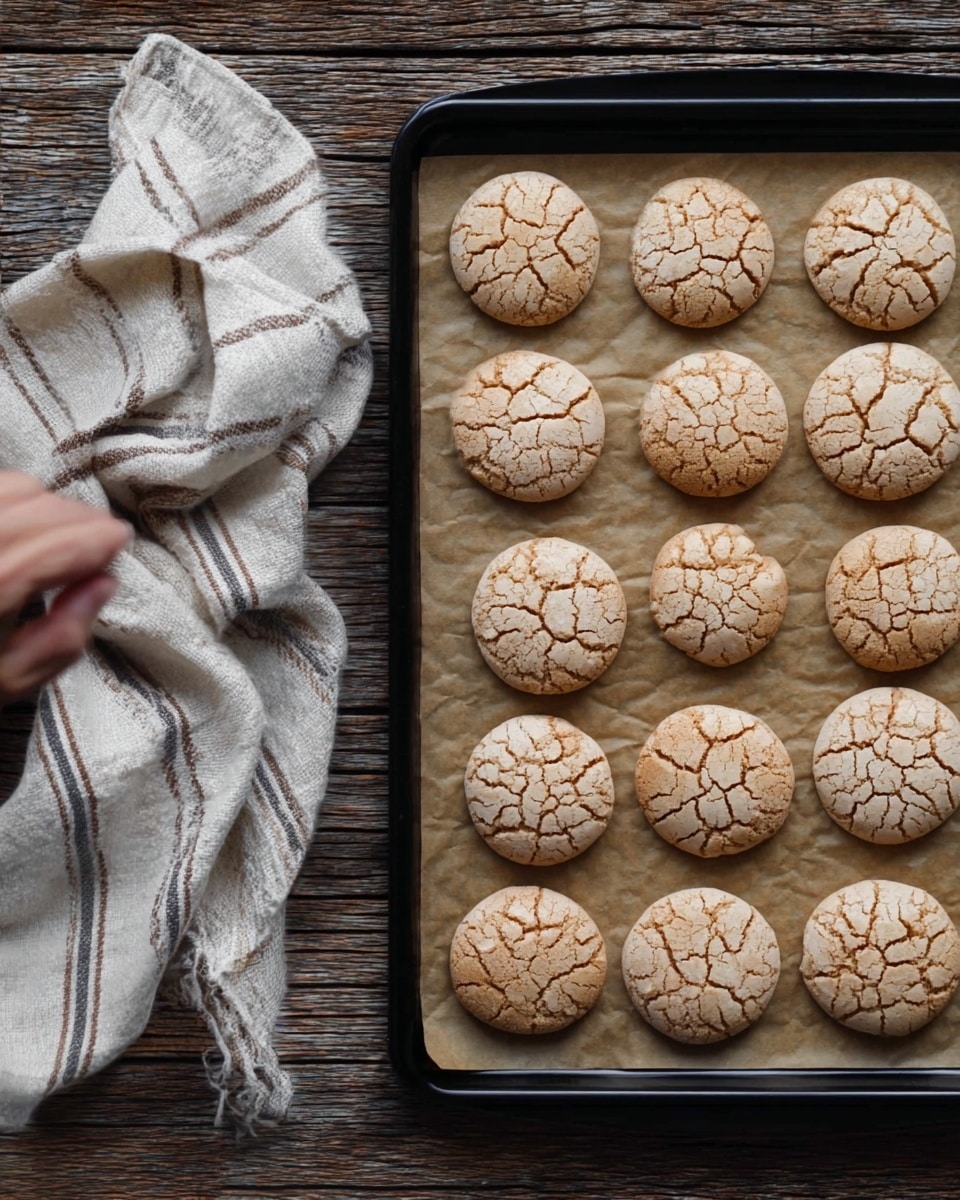 A black baking tray lined with brown baking paper holds 19 round, light brown cookies with cracked tops arranged in four rows, each cookie evenly spaced. To the left, a woman's hand is lifting a soft, white and gray striped cloth that rests on a dark wooden surface. The background shows more of the wooden texture. photo taken with an iphone --ar 4:5 --v 7