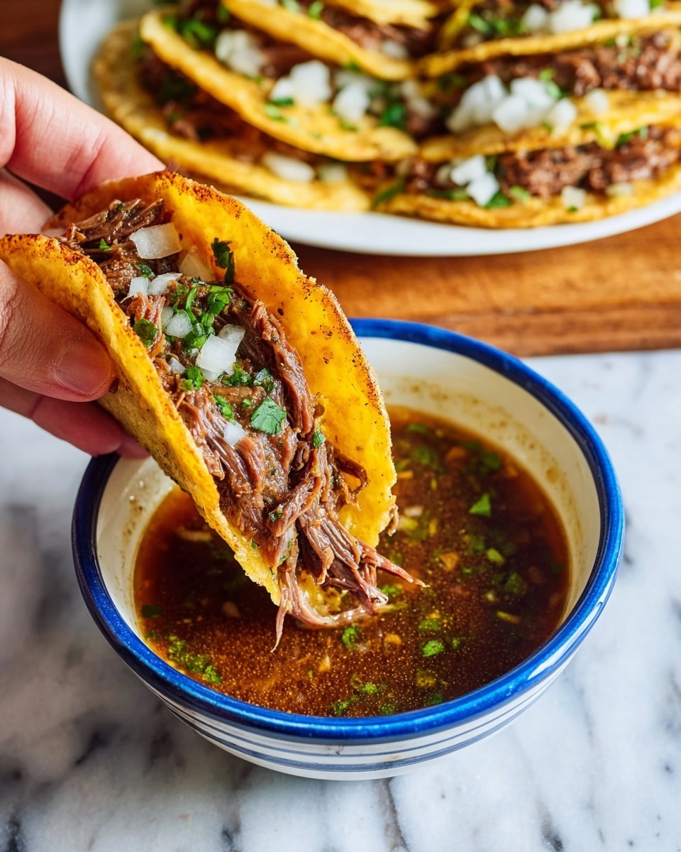 A woman's hand is holding a folded taco filled with dark brown shredded meat, garnished with small pieces of green herbs, next to a white bowl with blue stripes that holds a brown, oily sauce with green herb bits floating on the surface. The taco shell is golden yellow with some darker toasted spots and a soft texture. In the background, several more tacos filled with the same shredded meat and garnished with diced white onions and green herbs rest on a white bowl, all set on a white marbled surface. photo taken with an iphone --ar 4:5 --v 7