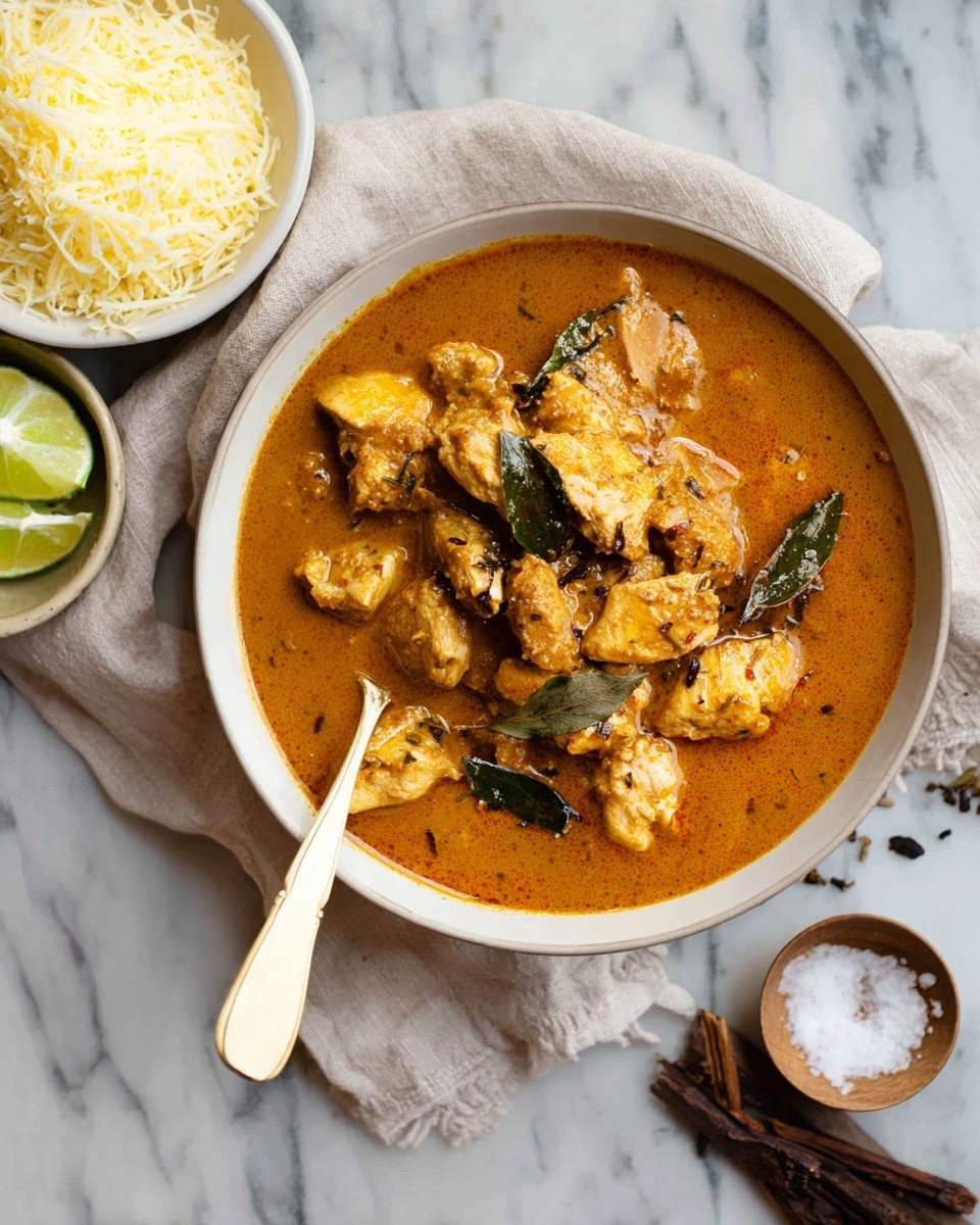 A round white bowl holds a curry dish with about two layers: the bottom layer is smooth, thick orange-brown sauce with some oil sheen, and the top layer consists of bite-sized light brown chicken pieces mixed with scattered dark green curry leaves. A spoon with a cream handle rests inside the bowl on the left side. The bowl sits on a white marbled surface with a light beige cloth underneath. To the left, there is a smaller white bowl filled with shredded light yellow cheese, and two lime wedges lie nearby on the cloth. On the bottom right, a small white bowl holds coarse white salt and two dark brown sticks, likely cinnamon. Photo taken with an iphone --ar 4:5 --v 7