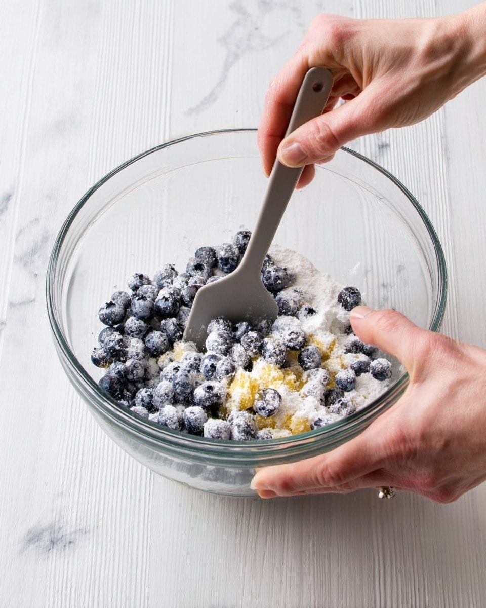 A clear glass bowl with a mix of blueberries covered in white powder and some yellowish pieces at the bottom is held by a woman's hand on the left side. Another woman's hand is stirring the mix with a gray spatula on the right side. The bowl is placed on a white marbled surface with thin vertical lines. photo taken with an iphone --ar 4:5 --v 7