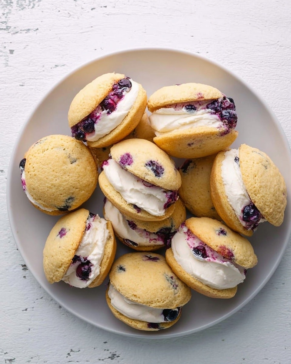A white plate filled with about a dozen small sandwich-like cookies, each made of two light golden-brown, soft textured cookies speckled with dark purple and blue spots from blueberries. Between the cookie layers, a thick, creamy white filling is visible, slightly uneven and soft in texture, holding the two cookie halves together. The plate rests on a table with a white marbled texture and a yellow striped cloth is partially visible in the background. Photo taken with an iphone --ar 4:5 --v 7