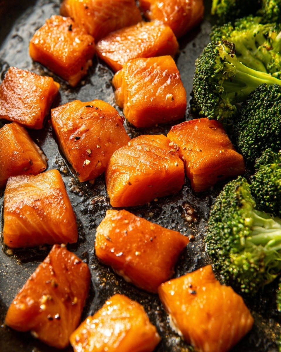 Several small cubes of bright orange fish with a shiny surface and light seasoning are spread across a dark pan, some showing natural striations in the flesh. Positioned mostly in the center and upper left of the pan, the cubes appear tender and slightly glazed. In the lower right corner, vibrant green broccoli florets with textured tops and pale green stalks add contrast to the orange fish. The background is a white marbled texture. photo taken with an iphone --ar 4:5 --v 7
