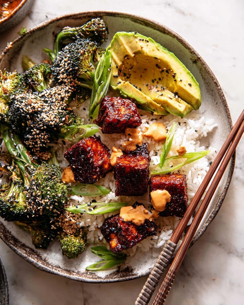 A round grey bowl filled with a base layer of white rice with small fluffy grains. On top, there are golden-brown glazed tofu cubes with a slightly charred texture, each topped with small dollops of an orange sauce and sprinkled with white and black sesame seeds. Bright green broccoli pieces, slightly roasted, are placed around the tofu. Thin slices of light green avocado with a smooth surface are arranged beside the broccoli, also sprinkled with mixed sesame seeds. Long green scallions are layered across the middle, adding a fresh touch. Two brown wooden chopsticks rest diagonally on the bowl over the tofu and rice, all placed on a white marbled surface. photo taken with an iphone --ar 4:5 --v 7
