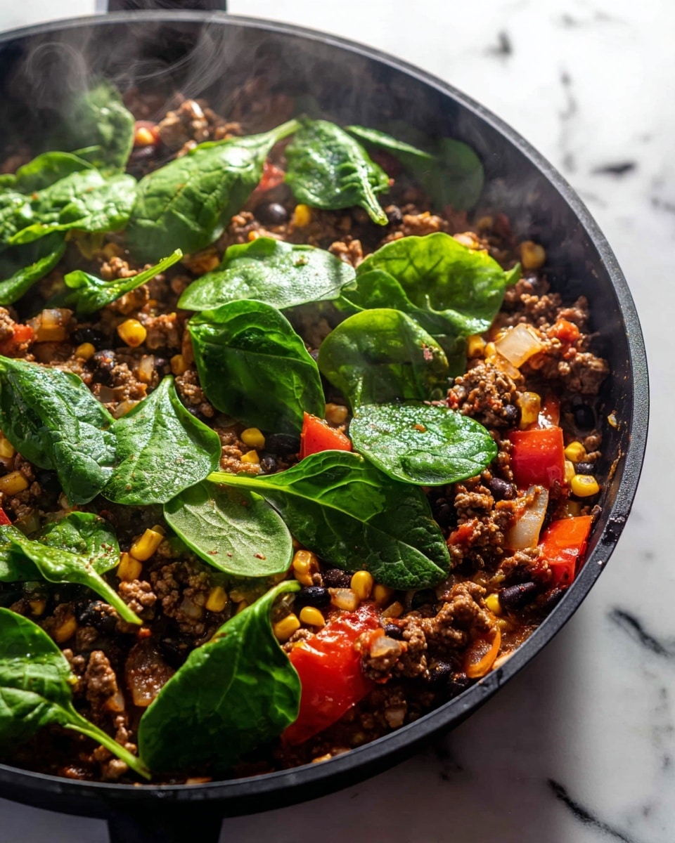 The image shows a close-up of a cooked dish in a black skillet placed on a white marbled surface. The dish has several layers and textures, starting with a base of cooked ground meat that is brown and crumbly. Mixed among the meat are bright red tomato chunks and yellow corn kernels, adding pops of color. There are also some black beans visible, adding a dark, smooth texture. On top of these ingredients lie fresh, bright green spinach leaves that appear soft and slightly wilted from cooking, with the veins clearly visible. Some small bits of cooked onion and possibly diced carrot add more detail to the mix. The steam rising from the skillet gives a warm and fresh feeling to the dish. photo taken with an iphone --ar 4:5 --v 7