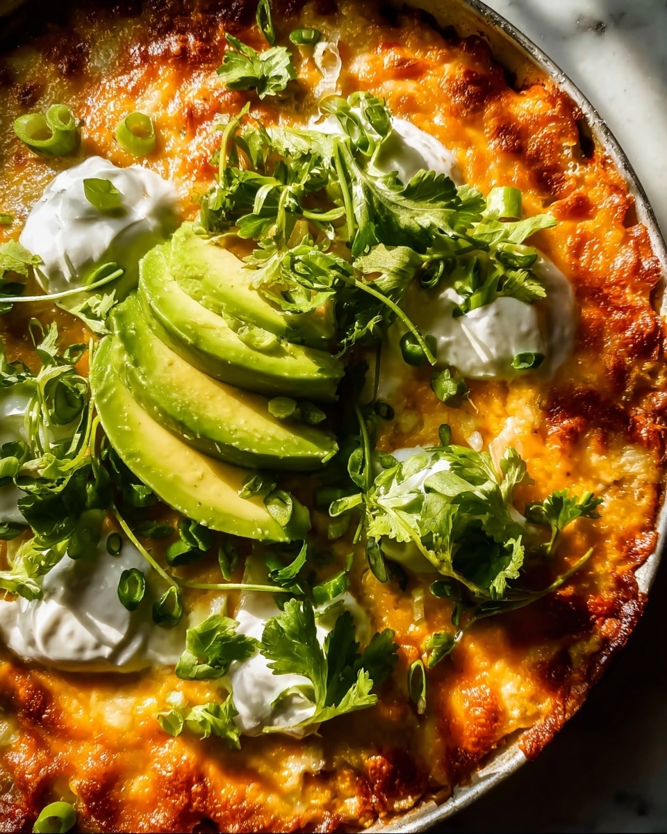 A close-up view of a dish with a base layer of melted golden-brown cheese that looks bubbly and slightly crispy around the edges, topped with green sliced avocado pieces placed in the center, dollops of white cream spread around the avocado, and fresh green leafy herbs and scallions scattered across the top. The dish sits on a white marbled surface with warm natural light shining from the side, highlighting the textures and colors. photo taken with an iphone --ar 4:5 --v 7
