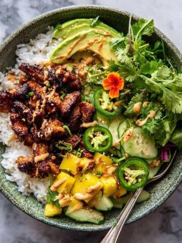 Chili Crisp Chicken Mango Cucumber Rice Bowl Recipe