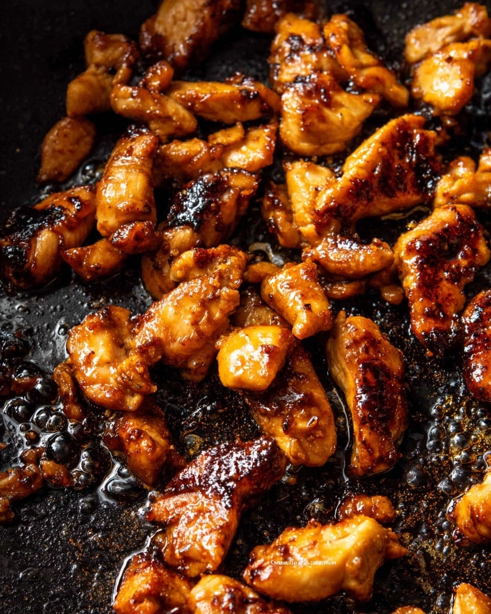 The image shows several pieces of cooked chicken in a pan with a dark, oily surface. The chicken pieces are small and uneven in size, with a mix of golden brown and darker charred spots, giving a textured look. The chicken is glossy with a slight shine from the oil and cooking juices. The pan has a rough, greasy surface spread all over, reflecting light in small shiny spots. photo taken with an iphone --ar 4:5 --v 7