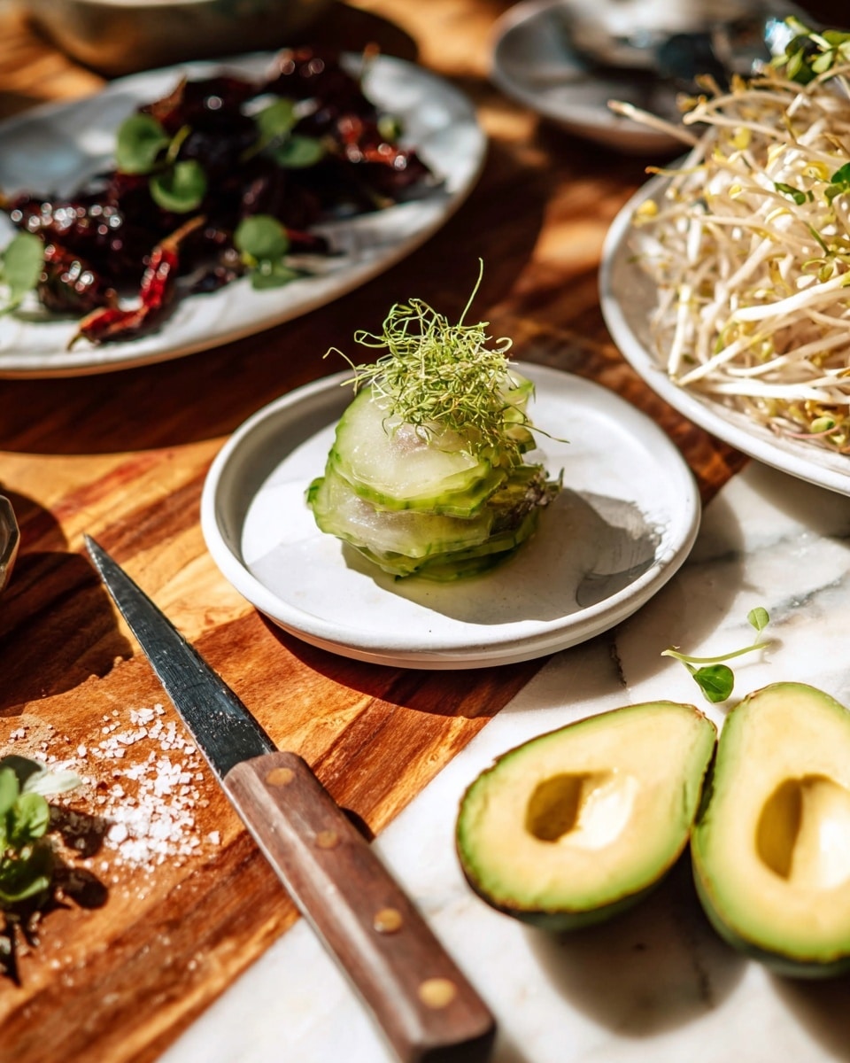 A white plate holds a small stack of clear green pickle slices with a jelly-like texture, topped with tiny green sprouts. Next to it, two halves of bright green avocado with visible cut lines sit on a wooden surface, garnished with small green leaves. In the background, a white plate contains what looks like dark brown dried chili peppers with green herbs around them, and another white bowl filled with light beige bean sprouts is visible. A knife with a wooden handle lies on the wooden surface, sprinkled with coarse salt and small green leaves. The whole scene is set on a white marbled texture with warm sunlight highlighting the vibrant colors. photo taken with an iphone --ar 4:5 --v 7