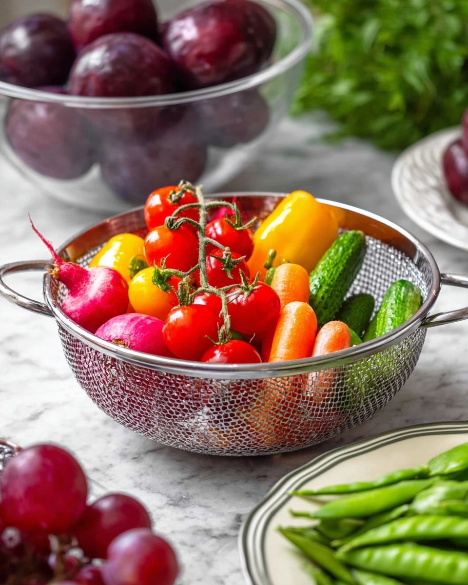 A metal colander filled with fresh vegetables sits on a white marbled surface, showing a colorful mix of red cherry tomatoes on the vine positioned on top, bright yellow and red mini sweet peppers, shiny green mini cucumbers, small orange carrots, and round pink radishes layered beneath. Behind the colander, a clear glass bowl holds several deep purple plums. To the right, a white bowl filled with green pea pods is partially visible, and below it, part of a white plate with red grapes can be seen. Fresh green herbs are blurred in the background. photo taken with an iphone --ar 4:5 --v 7
