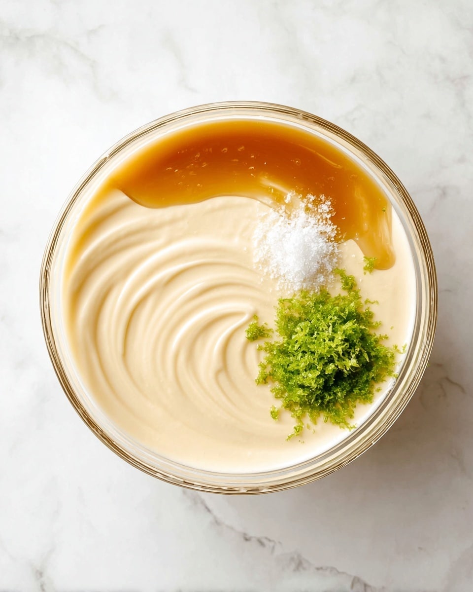 A transparent glass bowl sits on a white marbled surface, filled with a creamy light beige mixture that has smooth, wavy texture on top. On the surface of the creamy layer, there is a thin, glossy golden caramel-like liquid spread along one side. Near the center, a small white pile of fine granulated salt rests on the creamy layer. Next to the salt, a small mound of finely grated bright green lime zest adds a fresh pop of color. The textures contrast between the smooth cream, shiny liquid, and tiny granules on top. photo taken with an iphone --ar 4:5 --v 7