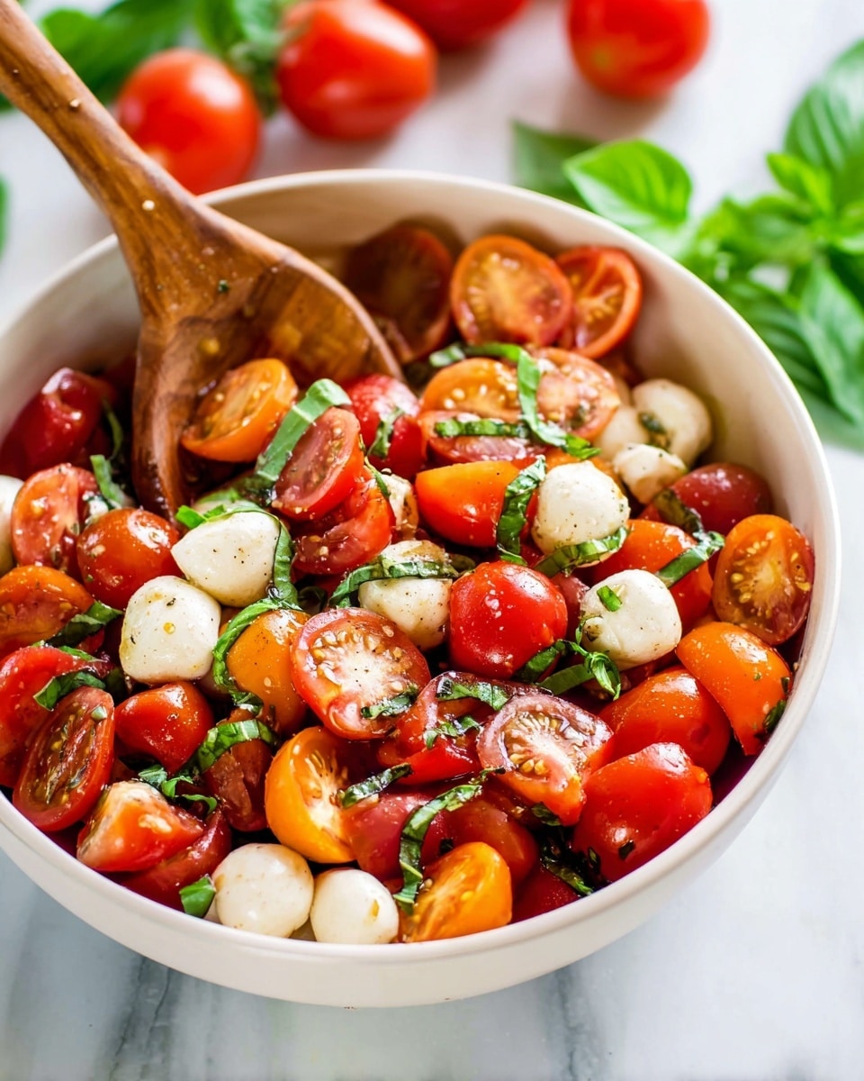 A salad is shown in a white bowl filled with three main layers. The bottom layer is a mix of halved bright red and orange cherry tomatoes. Above that, there are small white round mozzarella balls scattered evenly across the tomatoes. The top layer includes thin slices of fresh green basil leaves sprinkled all over, adding contrast. A wooden spoon rests inside the bowl, with its handle leaning out to the left side of the frame. The background shows more whole fresh tomatoes and some green leaves on a white marbled surface. The lighting is bright and natural, highlighting the fresh and colorful look of the salad photo taken with an iphone --ar 4:5 --v 7