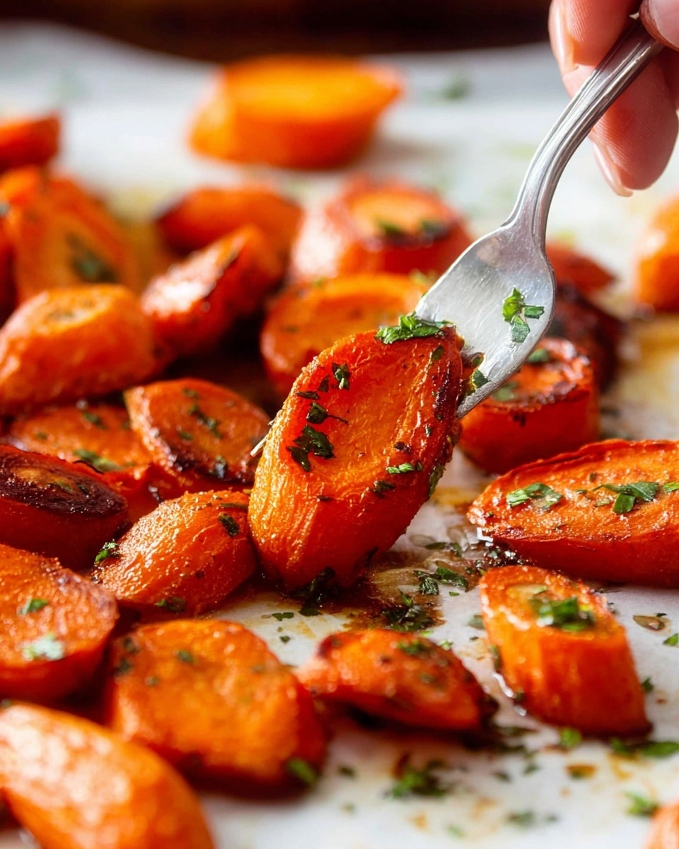 The image shows a close-up of roasted carrot pieces on a white marbled surface. The carrots are cut into different shapes, mostly half-moon slices and longer chunks, with a rich orange color and slightly charred edges. The texture looks soft with a light glaze that gives them a shiny, roasted finish. Small green herb bits are sprinkled over the carrots, adding a fresh contrast. A silver fork held by a woman's hand lifts one carrot piece, with some herbs stuck on it. The background stays blurry, focusing on the carrots in front. photo taken with an iphone --ar 4:5 --v 7