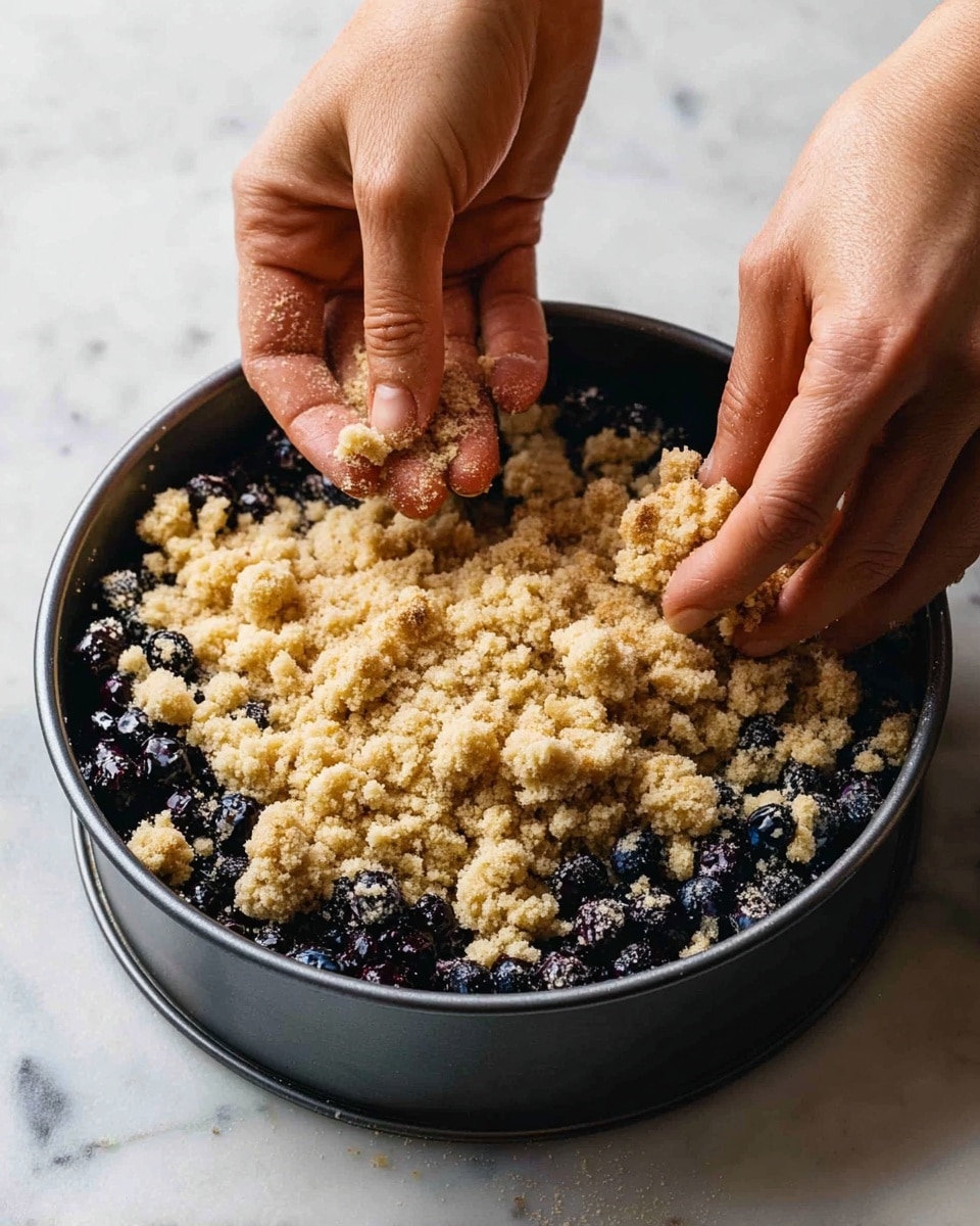 A black round springform pan holds a dessert with two visible layers: the bottom layer is made of plump dark blueberries, and the top layer is a crumbly, golden brown topping being spread evenly by a woman's hands with some crumbs falling between fingers. The pan sits on a white marbled surface, and the crumb texture looks rough and uneven with some larger clumps and smaller particles. The focus is on the hands and the pan, showing the action of adding the topping over the blueberries. photo taken with an iphone --ar 4:5 --v 7