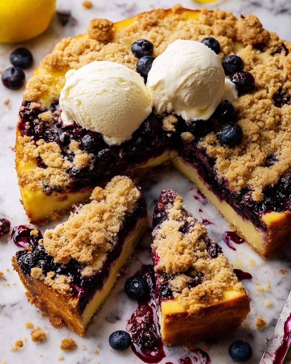 A round yellow cake with a thick layer of dark purple blueberry jam near the bottom and a crumbly brown topping covers the top. The cake is sliced into pieces, with one piece slightly pulled out to show the soft yellow inside and the jam layer. On top of the cake, there are two scoops of creamy white ice cream melting slightly. Around the cake, there are some loose blueberries and a cut lemon on a white marbled surface with a few splashes of dark purple juice. photo taken with an iphone --ar 4:5 --v 7