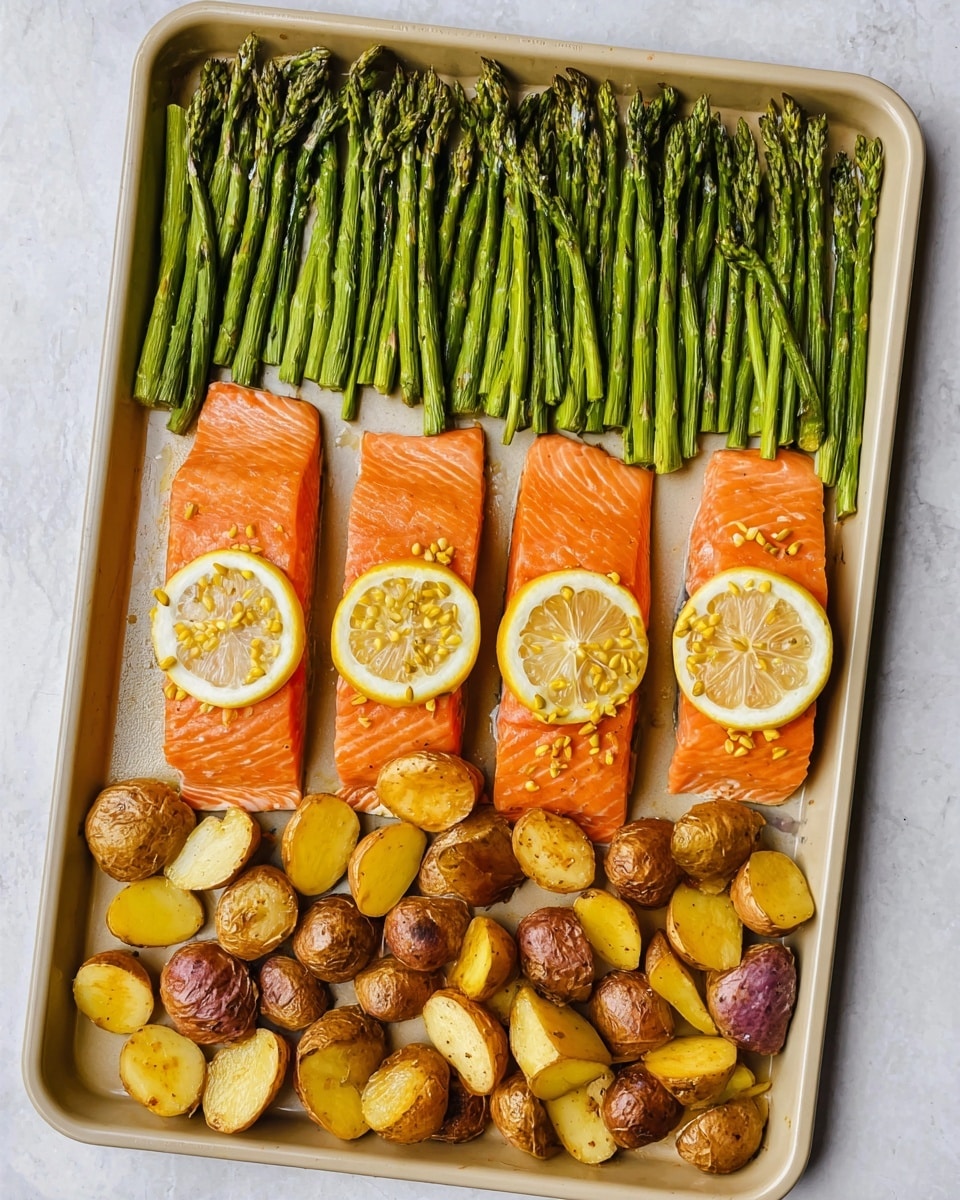 A baking tray holds four bright orange salmon fillets placed in the middle, each topped with a round lemon slice showing the light yellow color and seeds inside. At the top of the tray, there is a layer of fresh green asparagus, with thin, long stalks and pointed tips, arranged neatly side by side. At the bottom of the tray, there are many small roasted potato pieces in a mix of golden and light brown shades, showing their crispy texture. The tray itself is light beige and sits on a white marbled surface. photo taken with an iphone --ar 4:5 --v 7