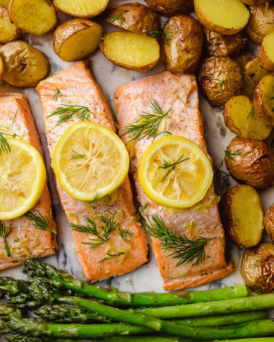 The image shows a meal with three pieces of cooked pink salmon fillets, each topped with a bright yellow lemon slice and small green dill sprigs. Around the salmon, there are many golden brown roasted potato wedges scattered on a white marbled surface. Below the salmon, there is a small bundle of fresh green asparagus spears lying side by side. The textures range from the smooth roasted potatoes and salmon to the crisp, fresh asparagus. photo taken with an iphone --ar 4:5 --v 7