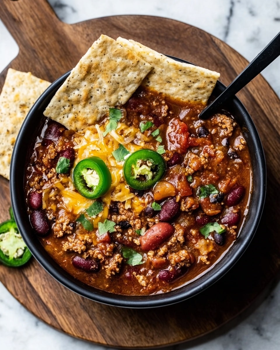 A black bowl filled with thick chili showing layers of red kidney beans, dark black beans, ground meat, and diced tomatoes mixed in a rich reddish-brown sauce. On top, there are sliced green jalapeño peppers and bits of melted yellow and white cheese scattered around. Two light beige rectangular crackers are placed inside the bowl on one side. The bowl sits on a round wooden board with some more sliced jalapeño peppers nearby. A black spoon rests inside the bowl, ready to scoop. The background is a white marbled texture. Photo taken with an iphone --ar 4:5 --v 7