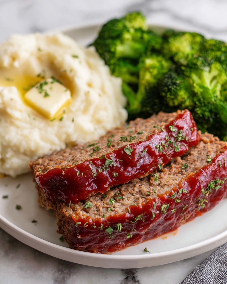 The image shows a white plate with three main parts: at the front, there are two thick slices of meatloaf with a red sauce glaze on top and sprinkled with small green herbs; behind the meatloaf to the left, there is a soft, creamy pile of pale mashed potatoes with a small drizzle of melted butter on top and a few herb flecks; on the right side of the plate, there are bright green steamed broccoli florets with a slightly shiny, moist texture. The background is a white marbled surface. Photo taken with an iphone --ar 4:5 --v 7