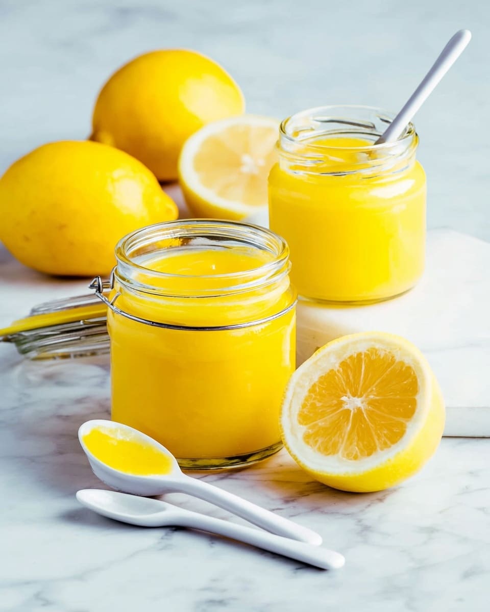 The image shows two clear glass jars filled with bright yellow lemon curd, one jar with a sealed lid on the side and the other open with a white spoon inside. Behind the jars, there are whole lemons with one lemon sliced in half, showing its fresh, juicy inside. In front of the jars, three small white spoons lay side by side on the white marbled surface. The scene has a fresh, clean look with the smooth, glossy lemon curd contrasting the soft texture of the lemons' skin. photo taken with an iphone --ar 4:5 --v 7