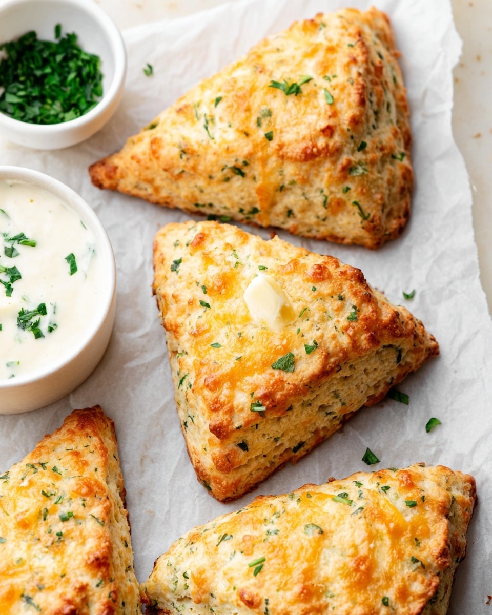 Four golden-brown triangular scones are placed on white parchment paper over a white marbled surface. Each scone has a slightly rough texture with visible small bits of green herbs and melted cheese baked throughout, giving a speckled look of light orange and green on a creamy dough base. Two white bowls are partially visible, one with a creamy white sauce topped with chopped green herbs and another with fresh green herbs. The scene has a soft, natural light emphasizing the warm and crispy edges of the scones. Photo taken with an iphone --ar 4:5 --v 7