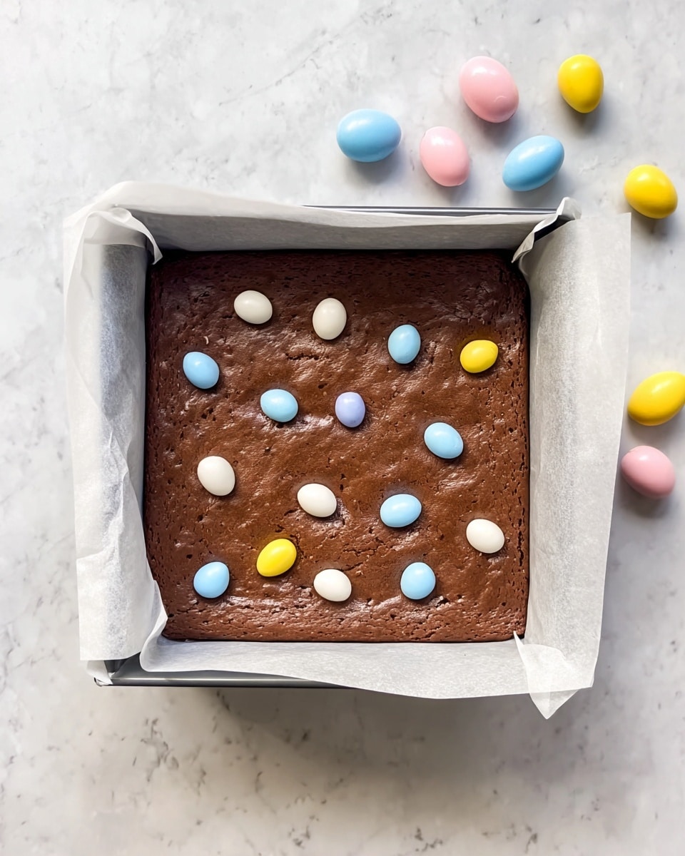 A square chocolate brownie sits inside a silver square pan lined with white parchment paper, with the edges of the paper neatly folded up around the sides. The brownie has a smooth, slightly shiny dark brown surface with a few small cracks. Scattered evenly on top are small pastel-colored candy-coated eggs in blue, white, yellow, and soft pink shades, adding a bright contrast to the dark chocolate base. Next to the pan on a white marbled surface are extra pastel candy eggs in the same colors. photo taken with an iphone --ar 4:5 --v 7