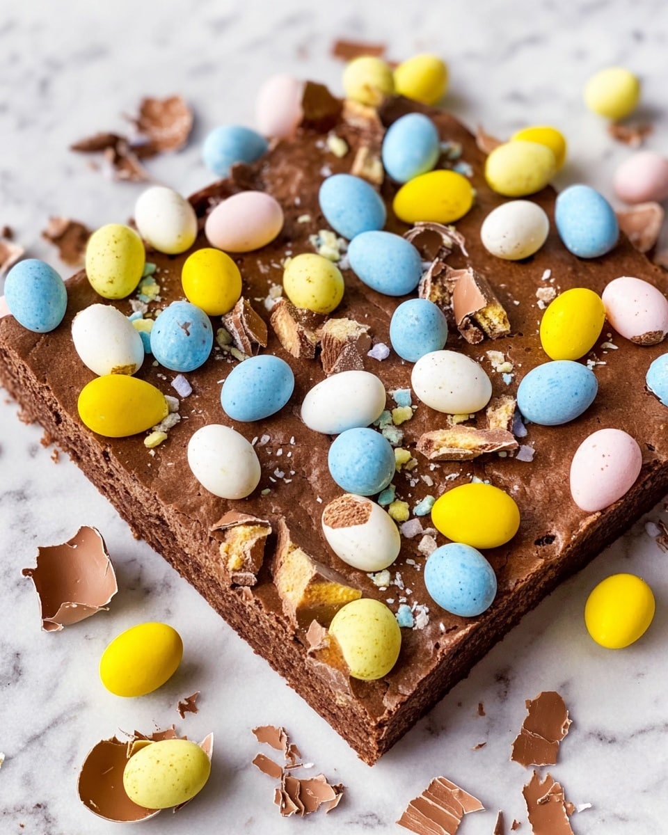 A square chocolate brownie with a smooth, rich dark brown surface is covered with colorful candy eggs scattered on top. These candy eggs come in pastel colors including blue, yellow, white, and light pink. Many of the eggs are whole, while others are broken into pieces, revealing a milk chocolate inside with a crunchy candy shell. The brownie is placed on a white marbled surface, and broken candy eggshells are scattered around the edges, adding texture and color contrast. photo taken with an iphone --ar 4:5 --v 7