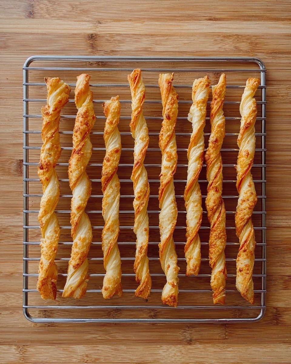 The image shows ten twisted bread sticks with a light golden brown color, laid out evenly on a metal cooling rack. The bread sticks have a flaky texture with some darker golden spots and a slightly twisted pattern running along their length. The metal rack is placed on a wooden surface, which has a warm, light brown color and visible wood grain. photo taken with an iphone --ar 4:5 --v 7