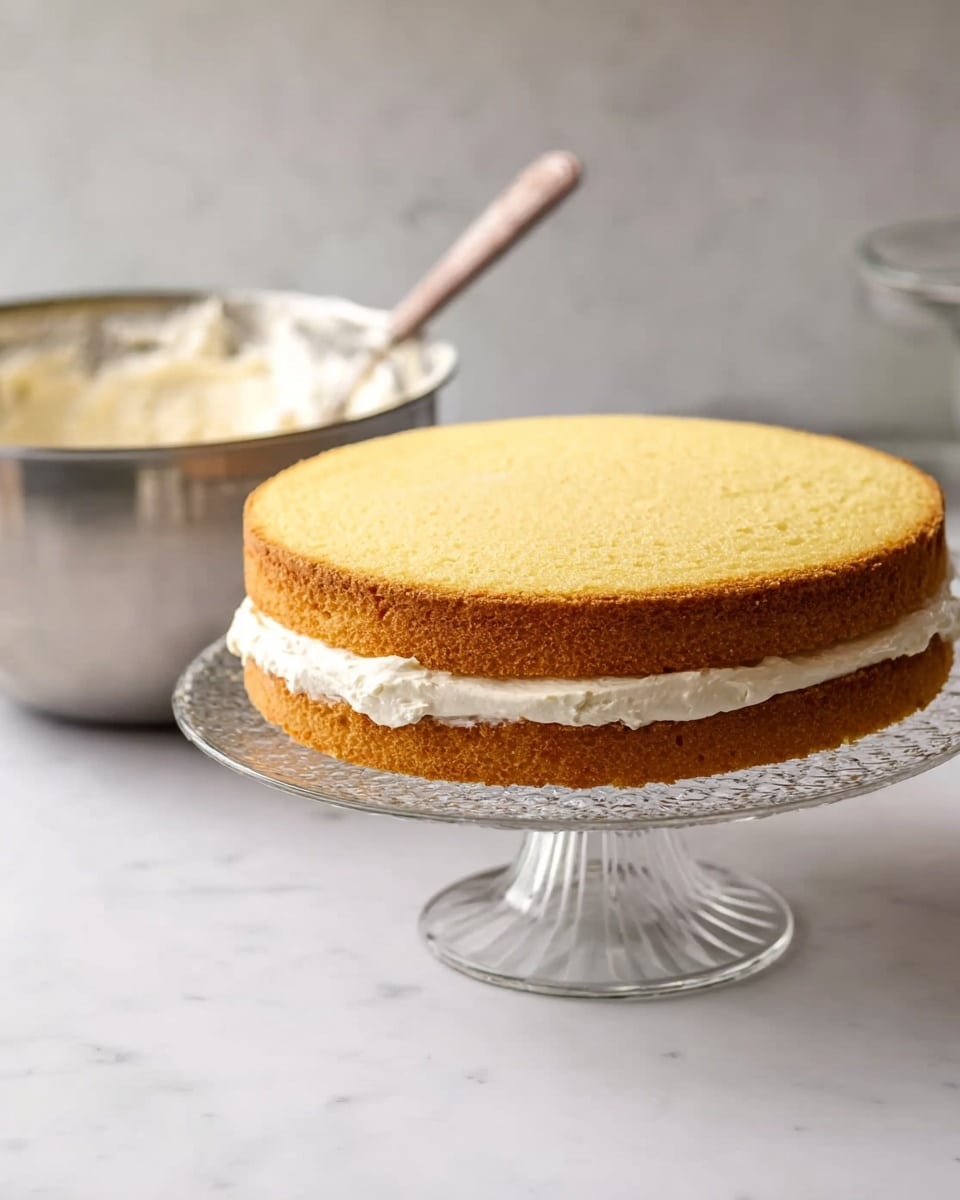 A two-layer yellow cake sits on a clear glass cake stand with a textured base, each layer showing a light, soft crumb with a thin layer of white cream filling spread evenly between them. The top layer rests smoothly on the cream, highlighting the cake’s slight golden edges. In the background, a large metal bowl with white frosting and a spoon is slightly out of focus against a white marbled surface. Photo taken with an iphone --ar 4:5 --v 7