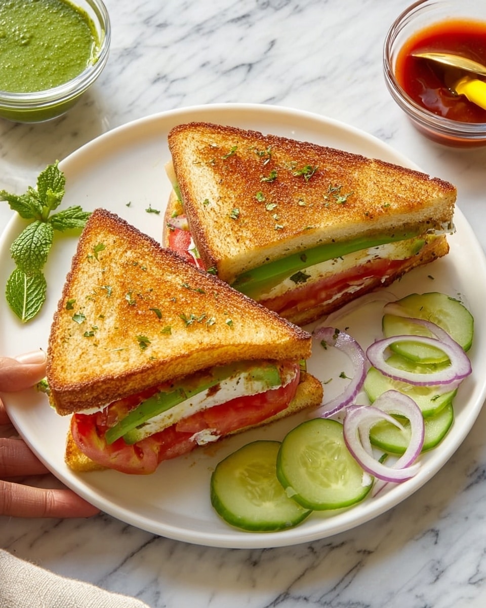 A white plate on a white marbled surface holds two triangular sandwich halves with golden brown toasted bread. Each sandwich shows visible layers: green bell pepper slices, red tomato slices, light green cucumber slices, and white cheese with some herbs on top. Around the sandwiches are thin purple onion rings, cucumber slices, and a small green mint leaf. Two small clear glass bowls on the plate hold a green sauce and a red sauce with a yellow-handled spoon in the red sauce. A woman's hand reaches from the left edge holding the plate partially. photo taken with an iphone --ar 4:5 --v 7