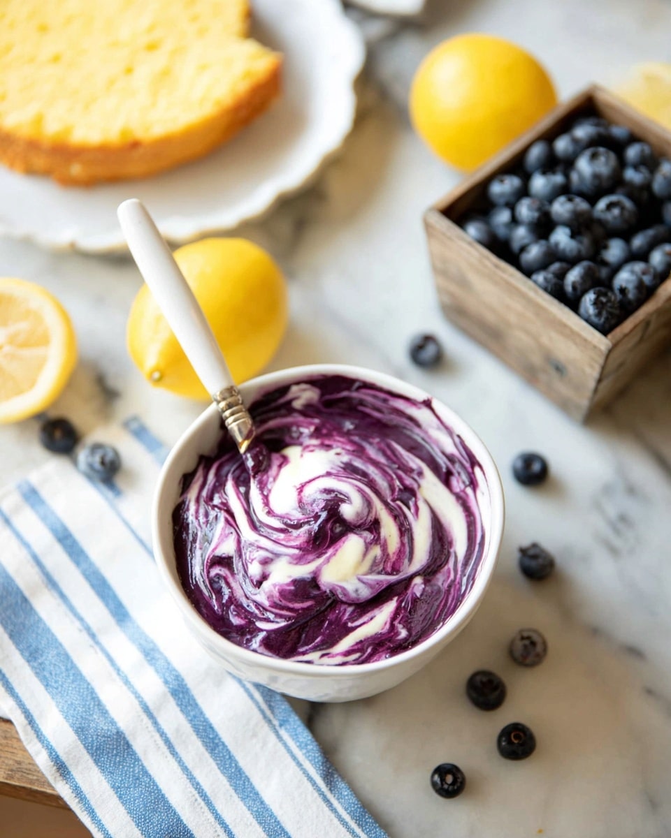 A small white bowl holds a creamy mixture with a swirl pattern of rich purple and white, showing a smooth and thick texture. A spoon with a white handle is resting inside the bowl, partly stuck in the mixture. To the right, there is a small wooden box filled with dark blue blueberries, some spilled on a white cloth with blue stripes beneath the bowl and box. Two bright yellow lemons sit behind the white bowl on a white marbled surface. On the left edge of the image, a white plate with a yellowish textured cake is slightly visible. Photo taken with an iphone --ar 4:5 --v 7