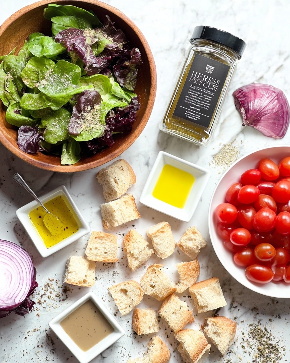 The image shows a wooden bowl filled with mixed green leaves including spinach and purple lettuce on the left side. Below the bowl, there are many small pieces of light brown crusty bread scattered on a surface with a white marbled texture. To the right, a white bowl holds bright red cherry tomatoes, and next to it, a half purple onion lies with visible layers. Above the bread and onion, there is a clear glass jar with a black lid labeled