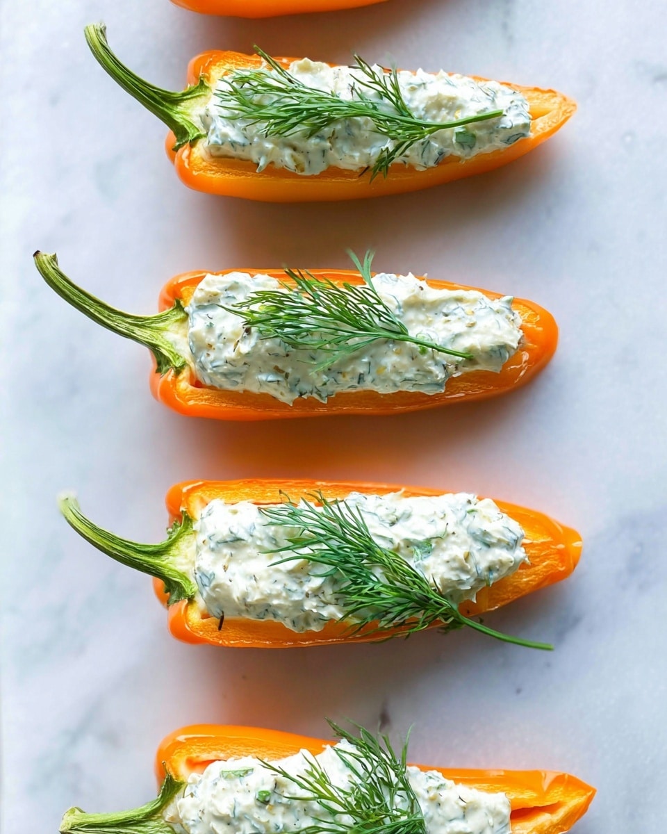 The image shows five small orange pepper halves arranged in a diagonal line on a white marbled surface. Each pepper half is filled with a creamy white mixture that has small green herb pieces mixed in. A fresh green dill sprig is placed behind or inside each pepper half, adding a touch of green contrast. The peppers have a smooth and slightly shiny texture, and the creamy filling looks soft and thick. The focus is on the closest pepper with the others fading gently out of focus. Photo taken with an iphone --ar 4:5 --v 7