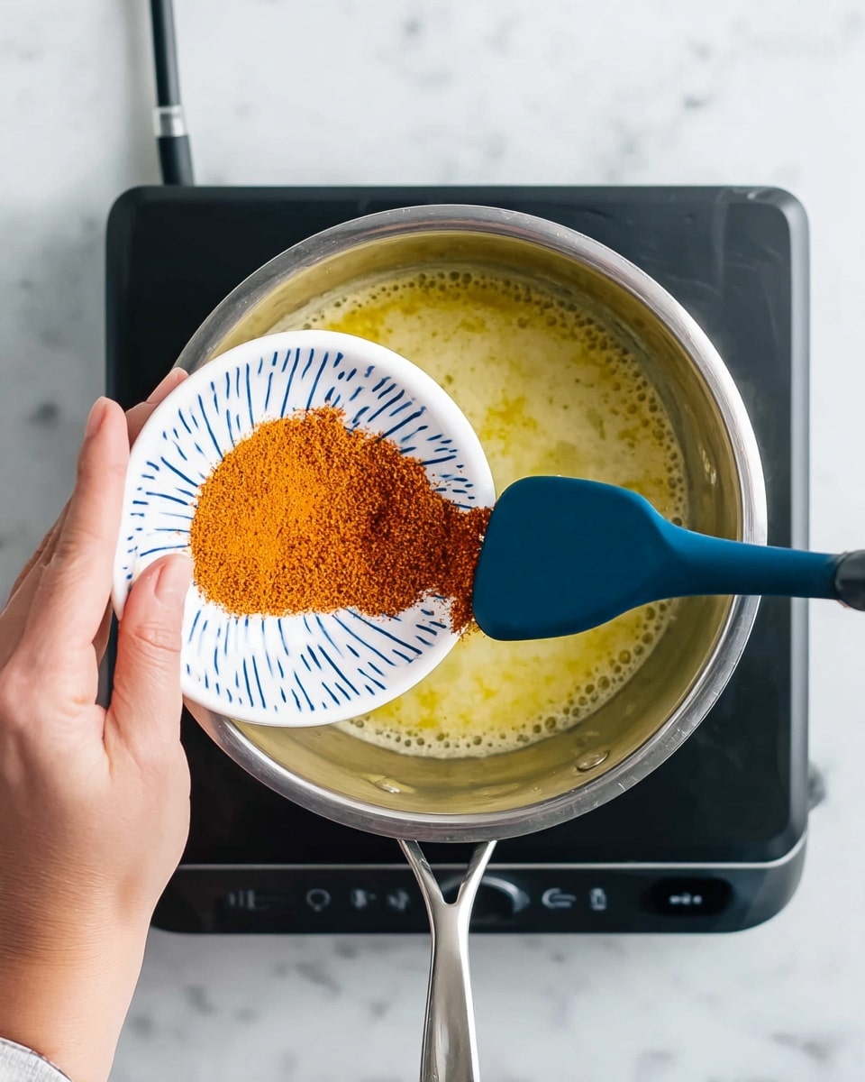 A close-up view of a woman's hand holding a small white bowl with blue dots filled with bright orange powdered spice being poured into a silver pot. Inside the pot, there is a bubbly light yellow liquid, and a blue spatula is resting inside it. The pot is sitting on a black electric stove, all placed on a white marbled surface. photo taken with an iphone --ar 4:5 --v 7