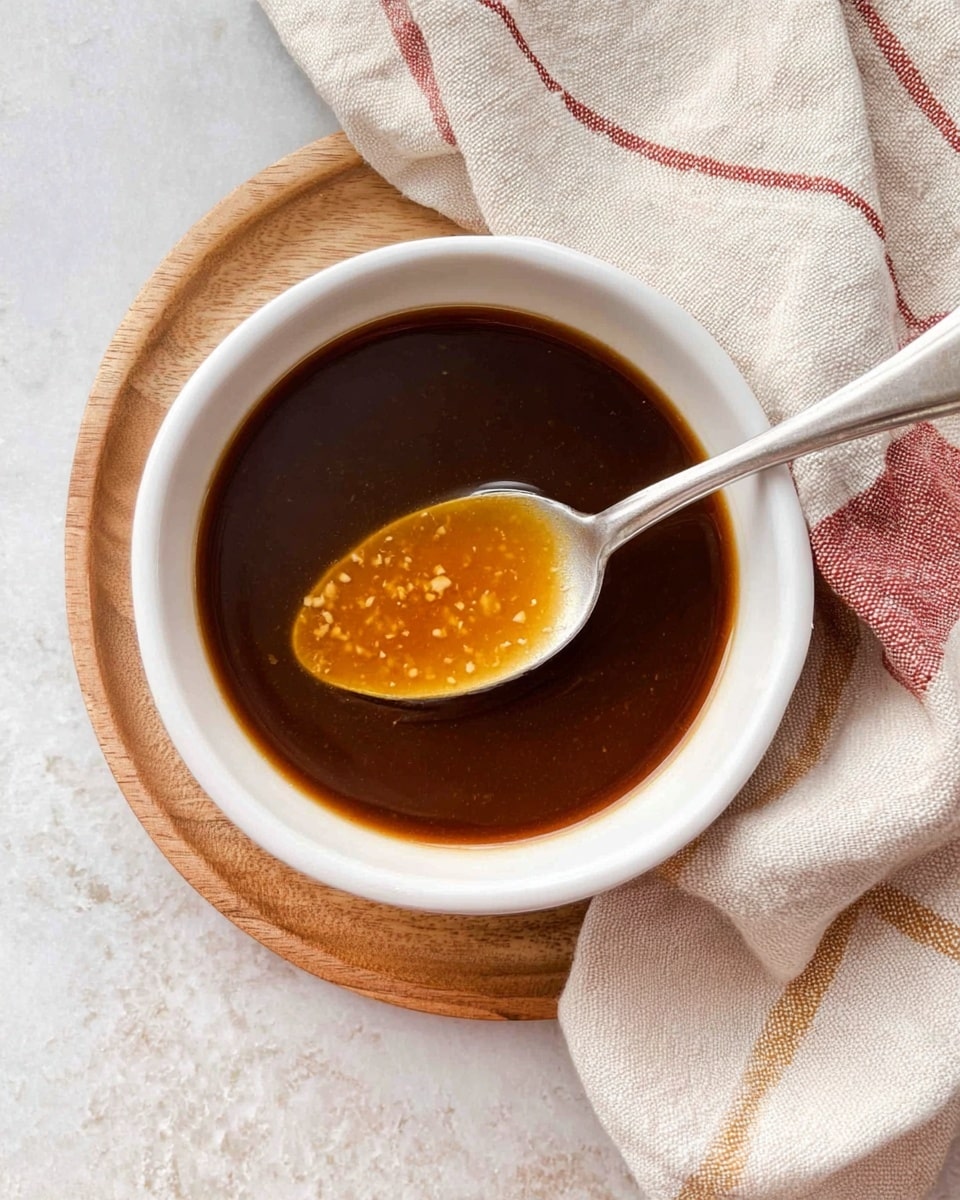 A white bowl filled with a smooth, dark brown sauce sits on a small wooden round board placed on a white marbled surface. A silver spoon is resting inside the bowl, holding a thick golden yellow layer of oil mixed with small light textured bits, contrasting with the darker sauce below. Beside the bowl, a cloth with beige, white, and dark red stripes lies casually on the surface. The lighting softly highlights the glossy texture of the sauce and the oil. Photo taken with an iphone --ar 4:5 --v 7